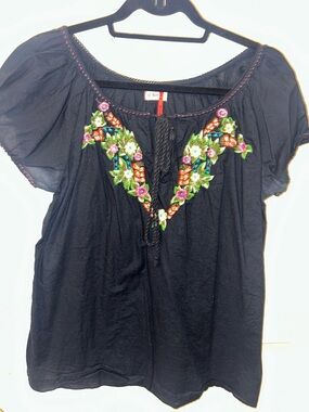 Old Navy Black Peasant Top with Colorful Floral Embroidery